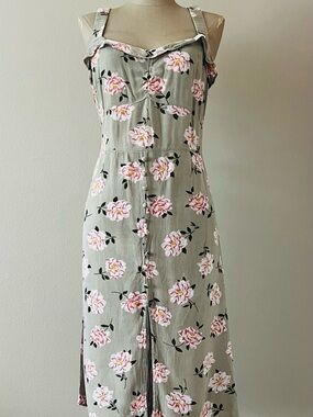 Derek Heart Sage Green Floral Midi Dress with Pink Blooms